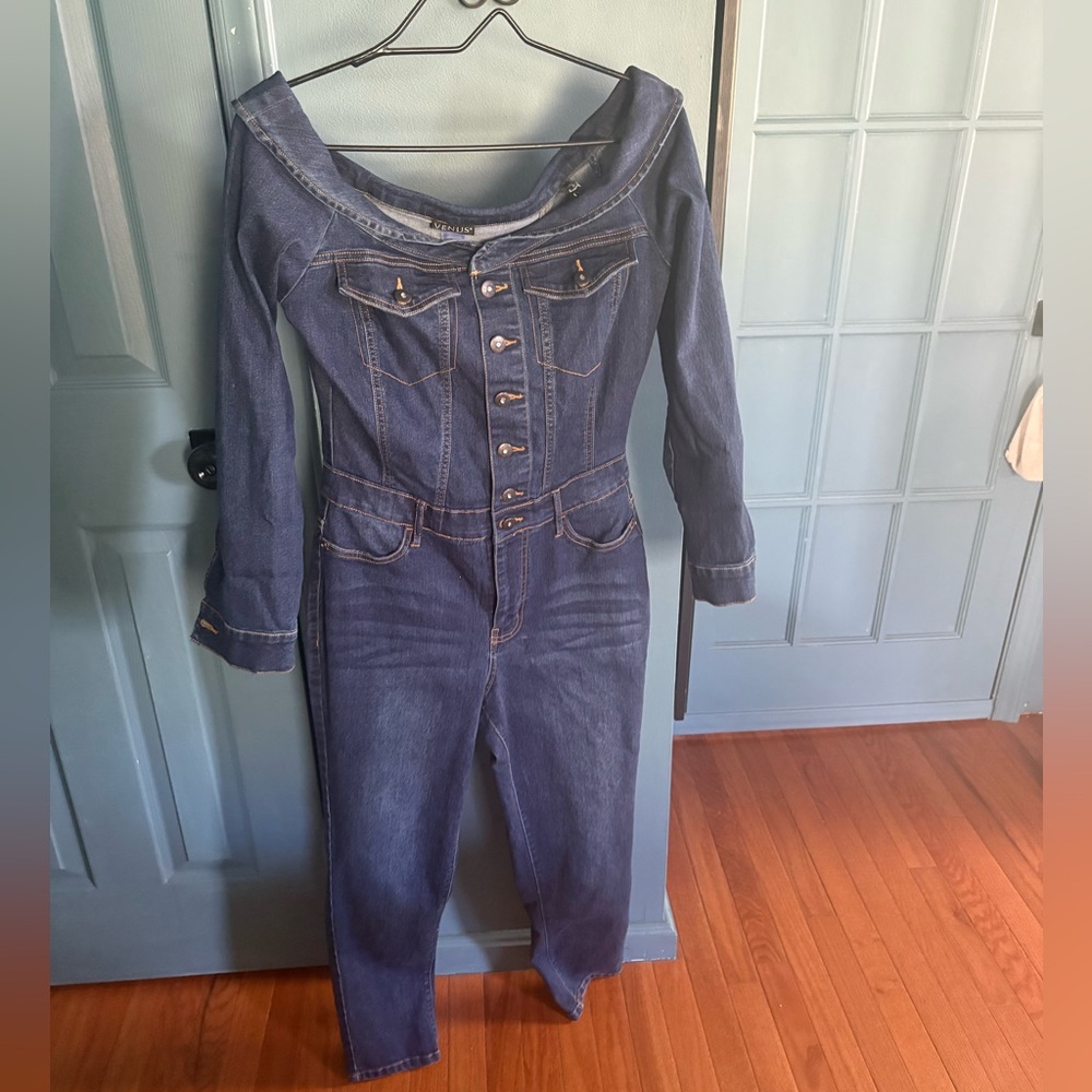 Off-Shoulder Dark Blue Women’s Jeans Jumpsuit - Picture 5 of 8